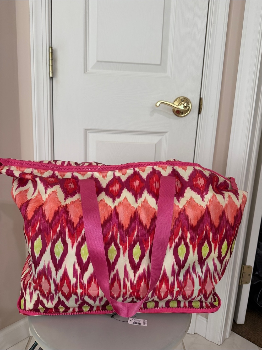 Chico's Pink and Lime Ikat Zip Tote Bag